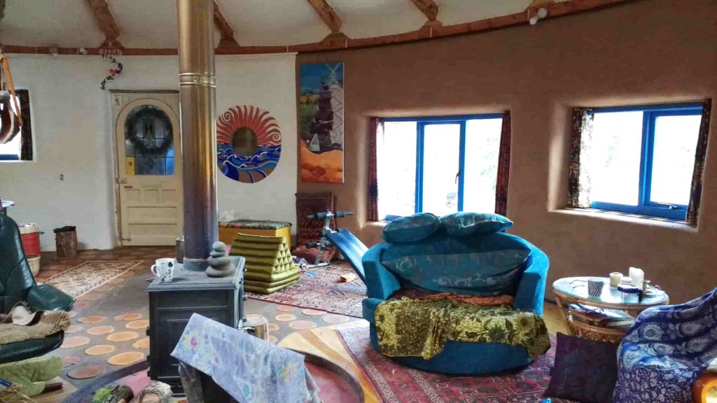 Inside the living area of the strawbale roundhouse at Karuna